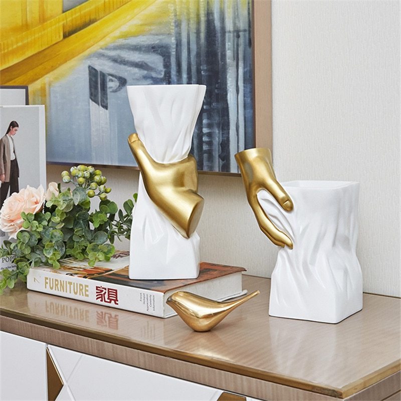 Gold Hand Vase with artificial flowers