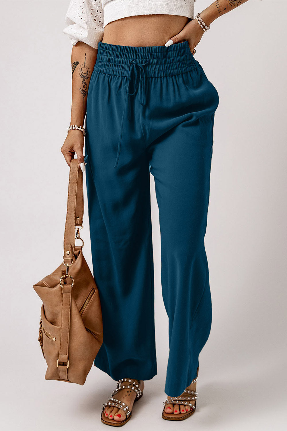 Blue Drawstring Elastic Waist Casual Wide Leg Pants - SELFTRITSS