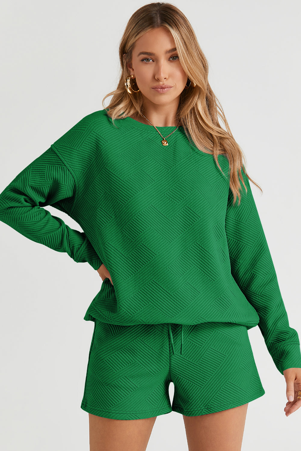 Green Textured Long Sleeve Top and Drawstring Shorts Set - SELFTRITSS