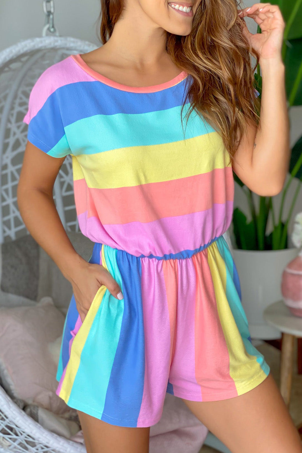 Multicolor Striped Print High Waist Short Sleeve Romper with Pockets - SELFTRITSS