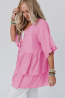 Pink Ruffled Trim Half Sleeve Open Front Kimono - SELFTRITSS