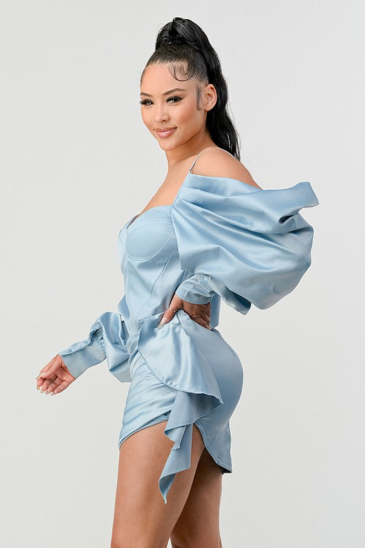 Elegant Puff Shoulder Satin Mini Dress - SELFTRITSS