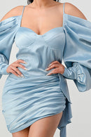 Elegant Puff Shoulder Satin Mini Dress - SELFTRITSS