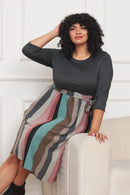 Plus Quarter Sleeve, Stripe Sash Midi Dress - SELFTRITSS