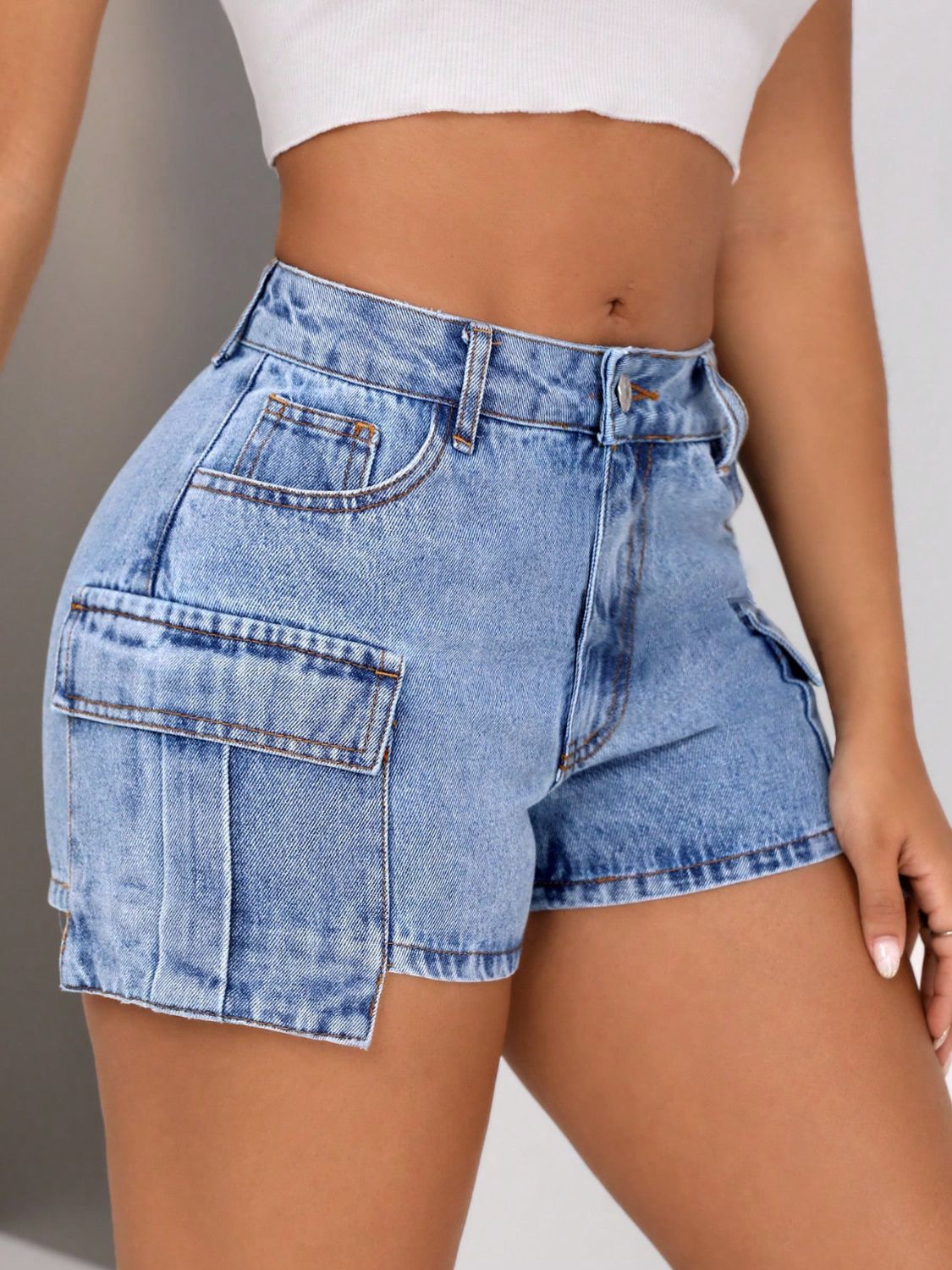 Mid-Rise Waist Denim Shorts with Pockets - SELFTRITSS   