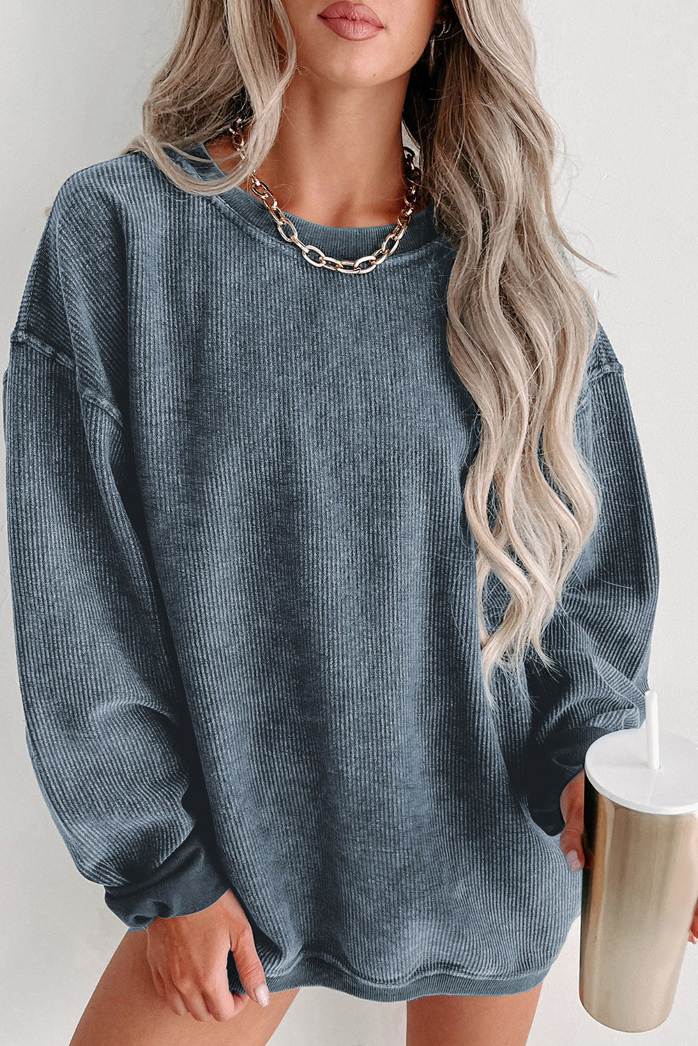 Blue Solid Ribbed Knit Round Neck Pullover Sweatshirt - SELFTRITSS   