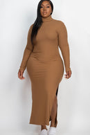Plus Size Curvy Long Sleeve Side Slit Long Dress - SELFTRITSS
