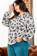 Gray Printed Leopard Balloon Sleeve Thermal Knit Plus Size Top - SELFTRITSS