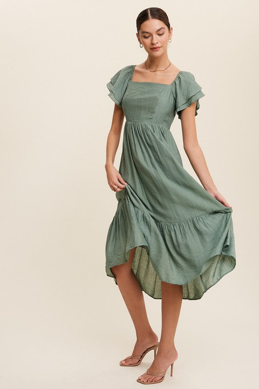 Square Neck Ruffled Short Sleeve Maxi Dress