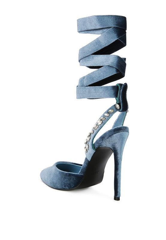 Velvet Diamante Tie Up High Heeled Sandals - SELFTRITSS