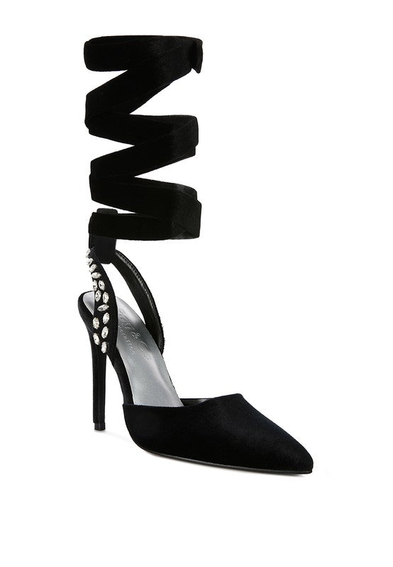 Velvet Diamante Tie Up High Heeled Sandals - SELFTRITSS
