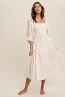 Ditzy Floral Embroidery Puff Sleeve Maxi Dress - SELFTRITSS