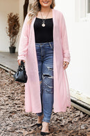 Pink Sheer Knitted Long Side Slit Plus Size Cardigan - SELFTRITSS