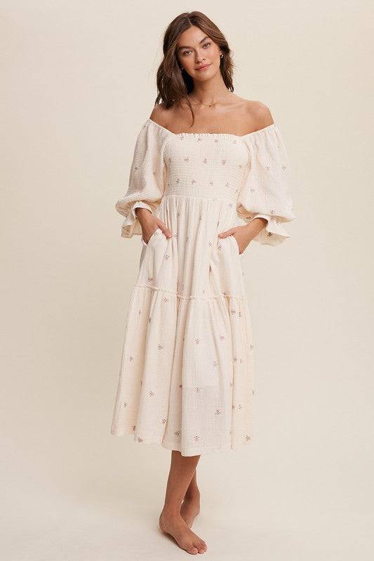 Ditzy Floral Embroidery Puff Sleeve Maxi Dress - SELFTRITSS