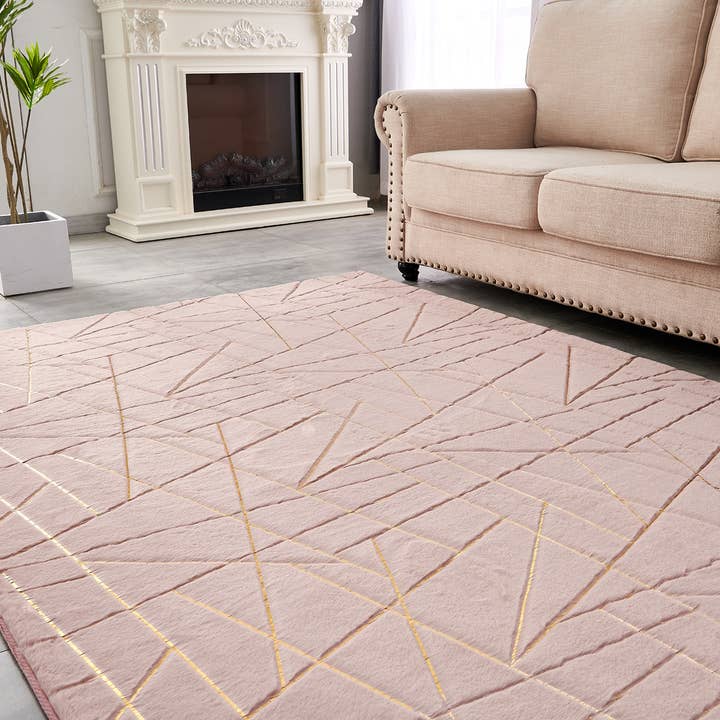 Lily Dust Pink Geometric Gold-Gilded Chinchilla Faux Fur Rug