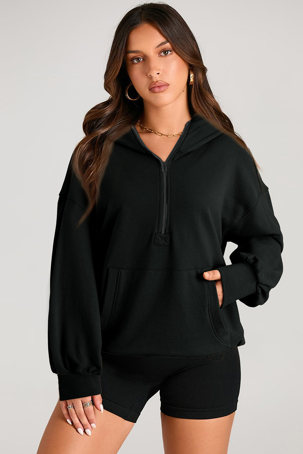 Pocketed Half Zip Long Sleeve Hoodie - SELFTRITSS   