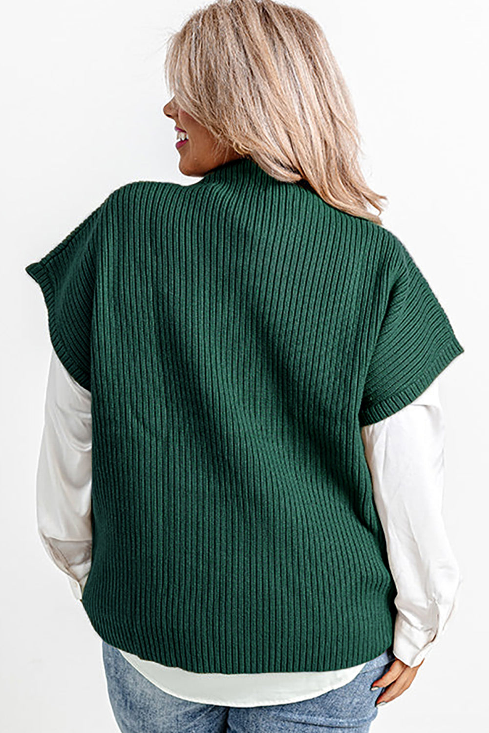 Jungle Green Plus Size Mock Neck Chest Pocket Short Sleeve Sweater - SELFTRITSS
