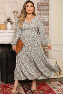 Multicolor Plus Size Floral Puff Sleeve Surplice Ruffled Dress - SELFTRITSS