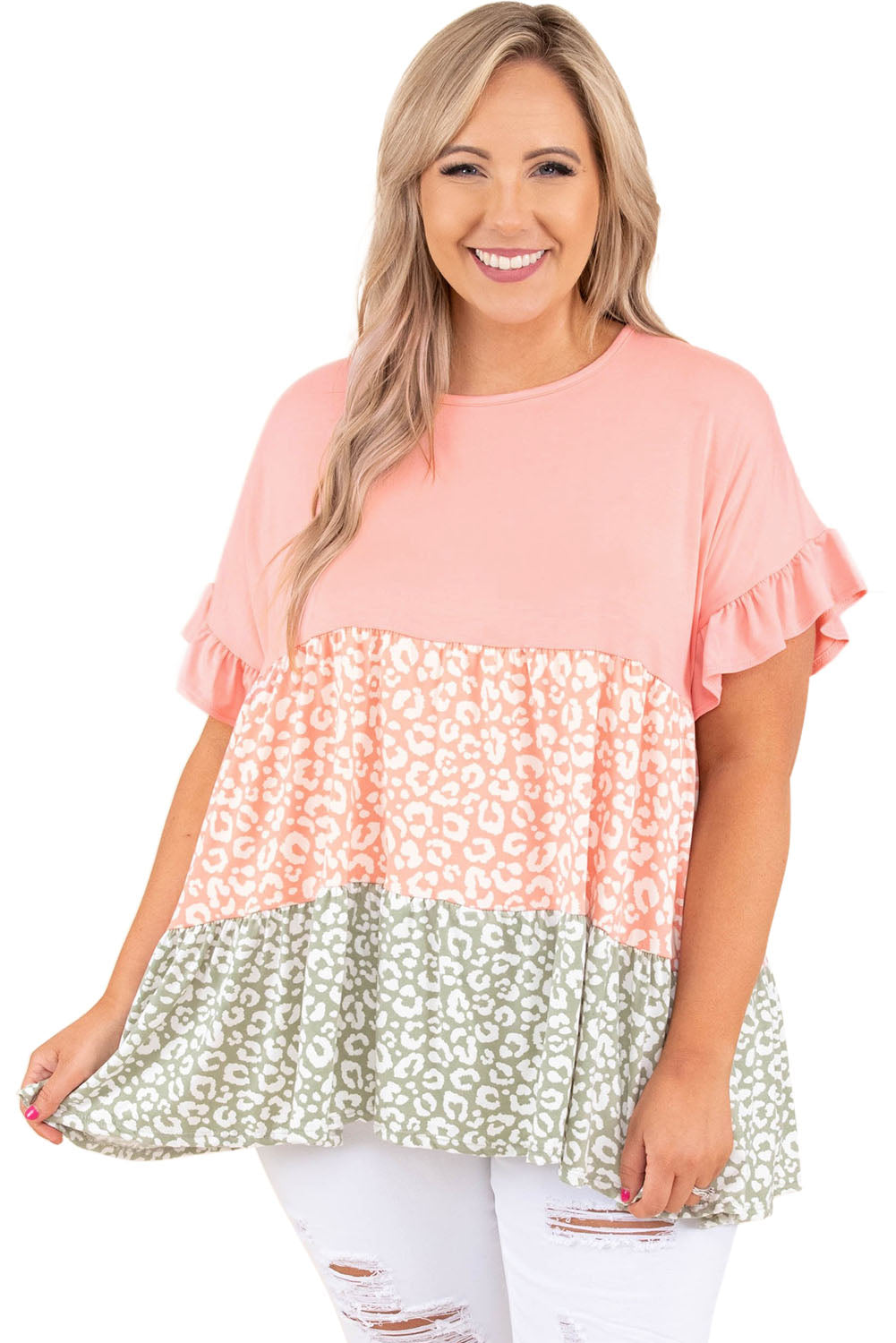 Pink Ruffled Short Sleeve Leopard Splicing Flowy Plus Size Top - SELFTRITSS   