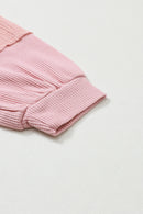 Pink Exposed Seam Patchwork Bubble Sleeve Waffle Knit Top - SELFTRITSS   