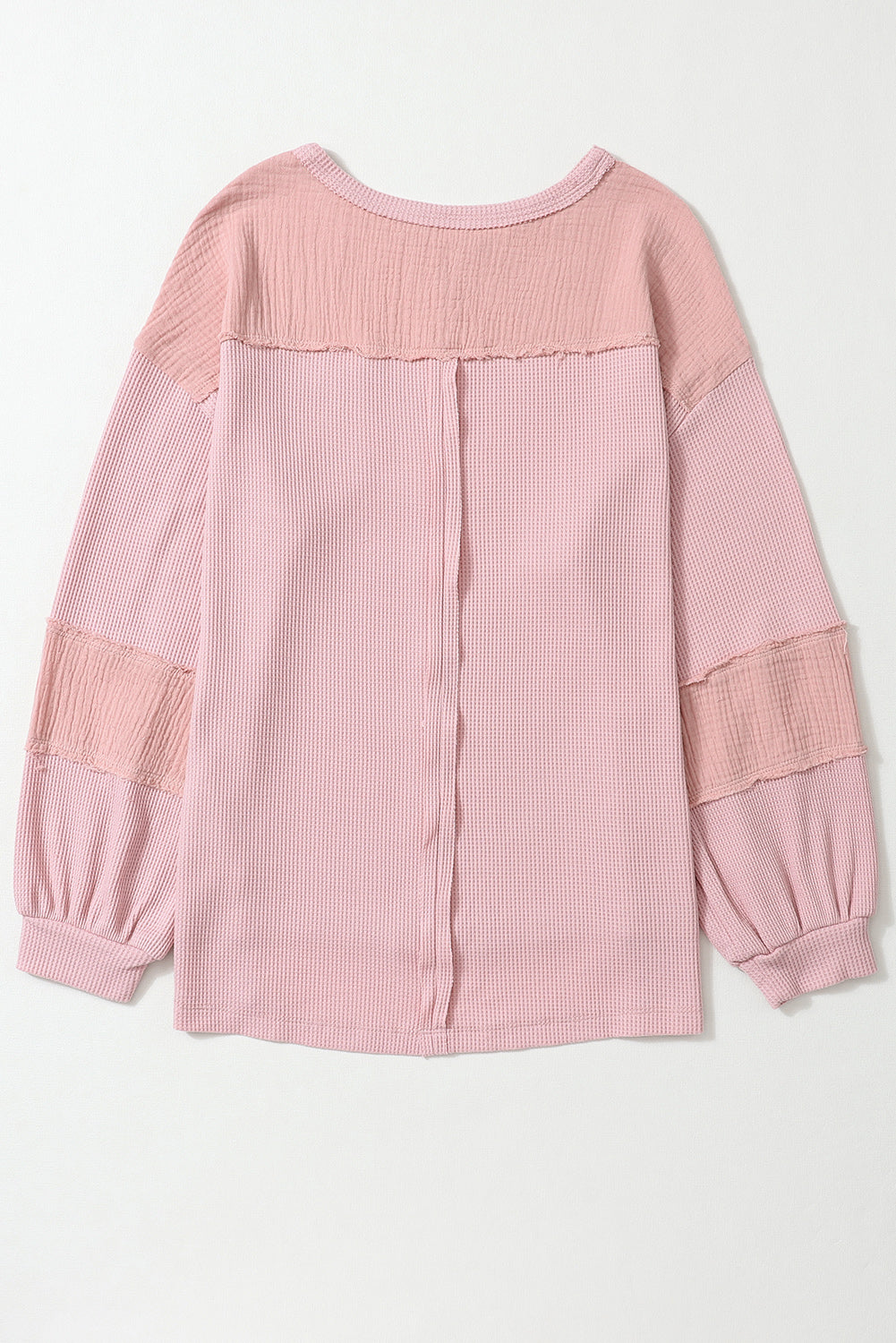 Pink Exposed Seam Patchwork Bubble Sleeve Waffle Knit Top - SELFTRITSS   