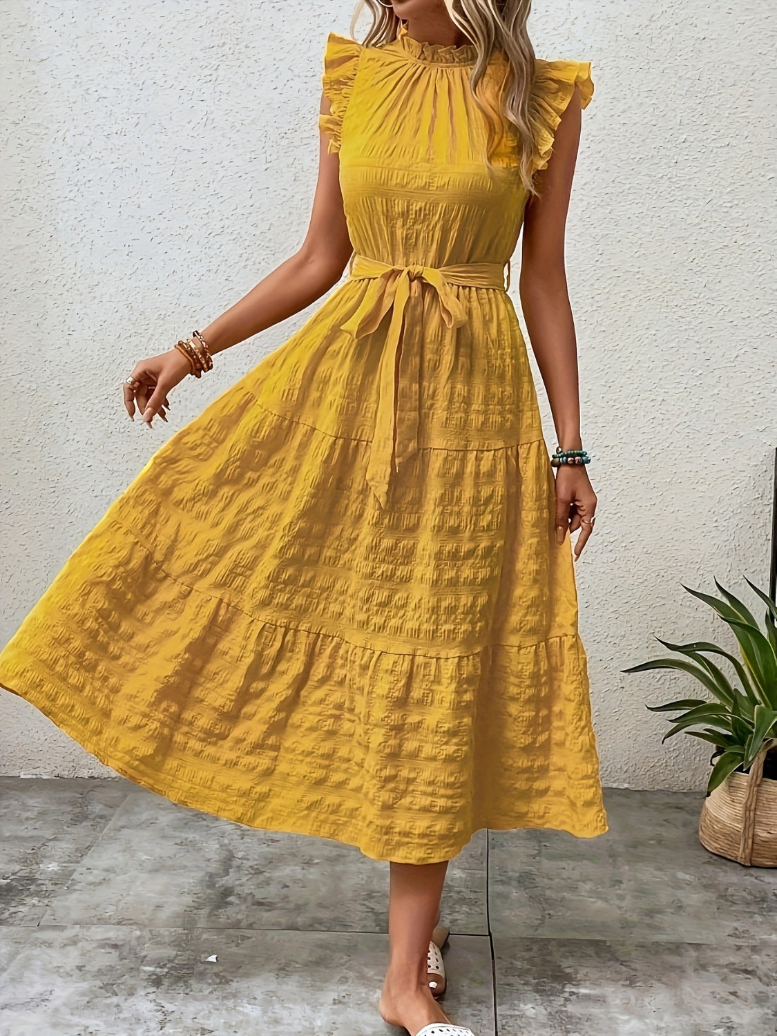 Tied Ruffled Cap Sleeve Midi Dress - SELFTRITSS   