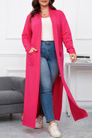 Strawberry Pink Plus Size Side Split Pockets Duster Cardigan - SELFTRITSS