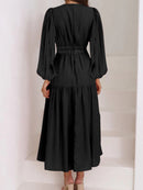 Deep V-Neck Balloon Sleeve Plain Maxi Dress - SELFTRITSS   