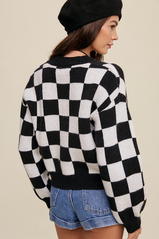 Bold Gingham Sweater Weaved Crop Cardigan - SELFTRITSS