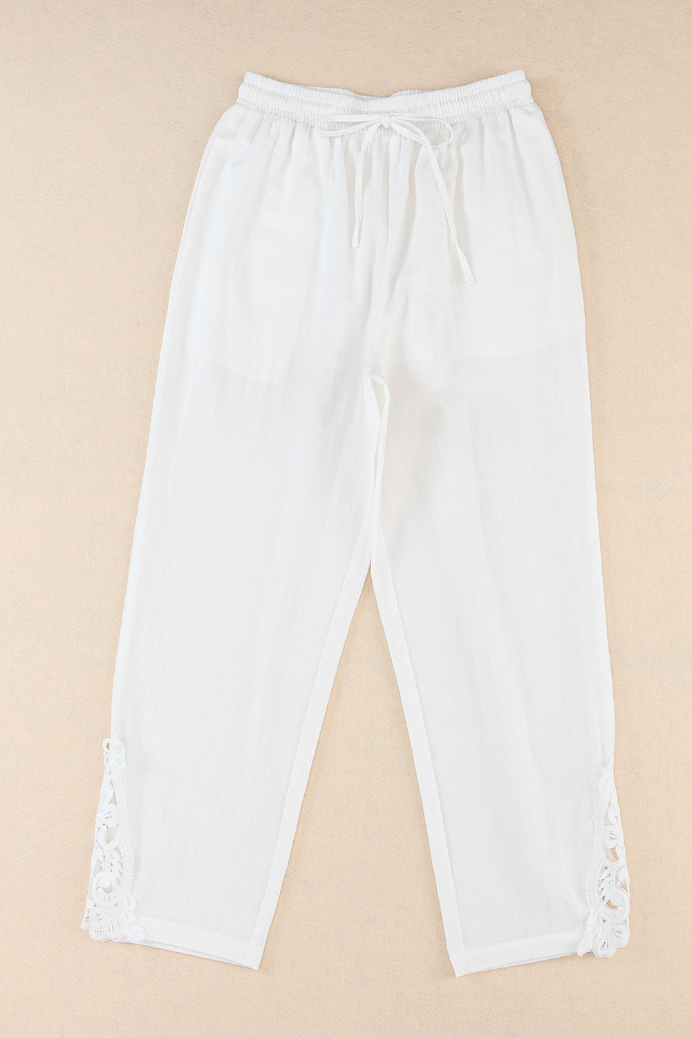 White Lace Splicing Drawstring Casual Cotton Pants - SELFTRITSS   