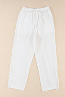 White Lace Splicing Drawstring Casual Cotton Pants - SELFTRITSS   