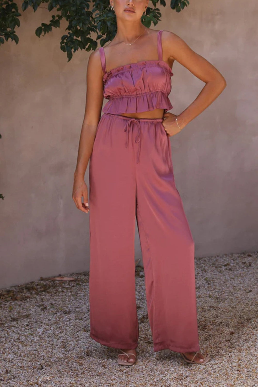 Ruffled Sleeveless Top and Wide Leg Pants Set - SELFTRITSS   