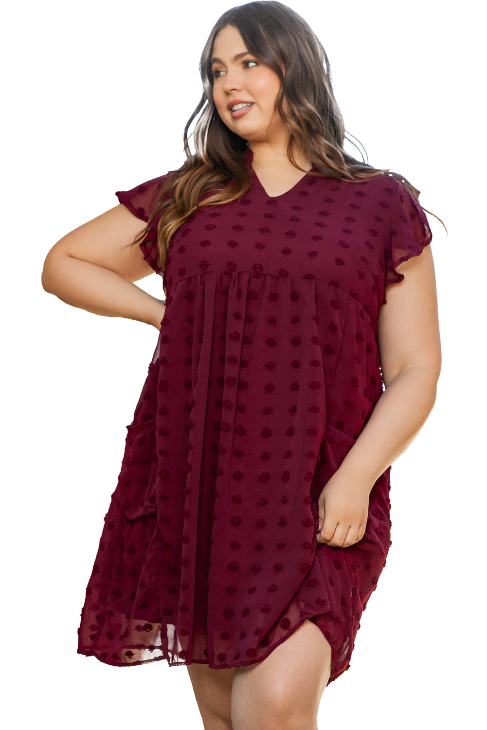 Burgundy Plus Size Swiss Dot Ruffled Sleeve V Neck Dress - SELFTRITSS