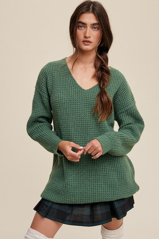 Slouchy V-neck Ribbed Knit Sweater - SELFTRITSS