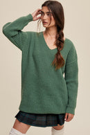 Slouchy V-neck Ribbed Knit Sweater - SELFTRITSS