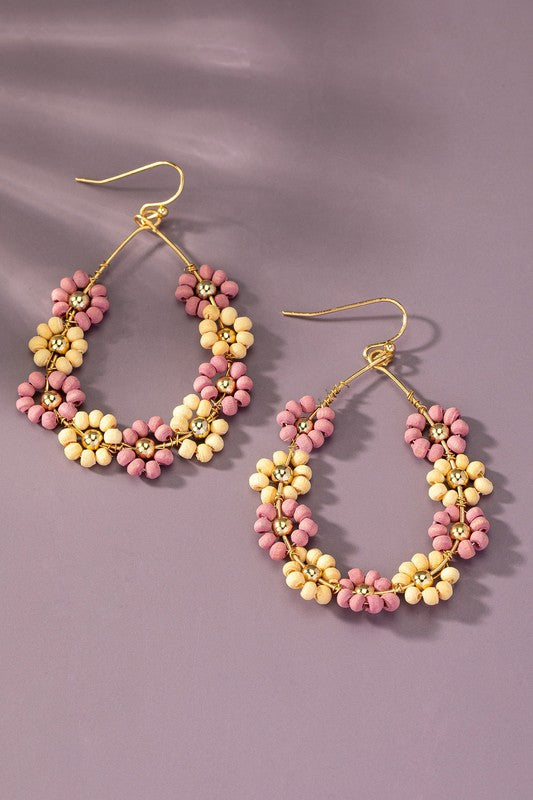 Hand done multi wood beaded flower hoop earrings - SELFTRITSS   