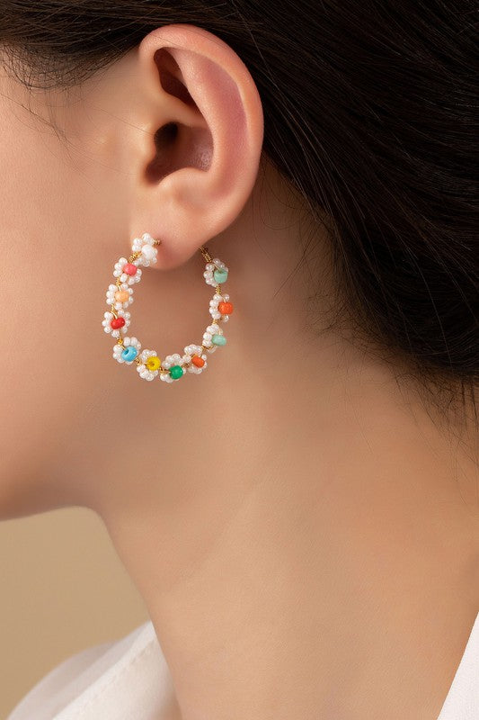 Hand done mini seed bead flower hoop earrings - SELFTRITSS   