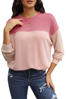 Pink Color Block Long Sleeve Ribbed Loose Top - SELFTRITSS   