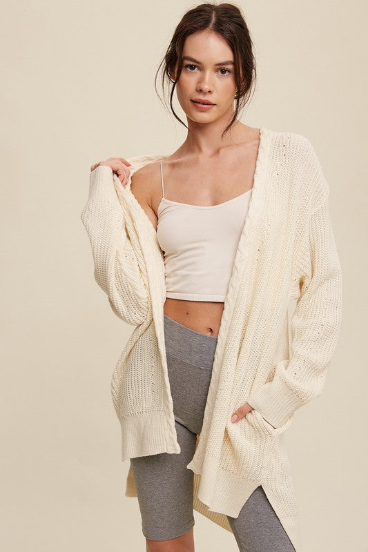 Cable Knit Open Front Long Cardigan - SELFTRITSS
