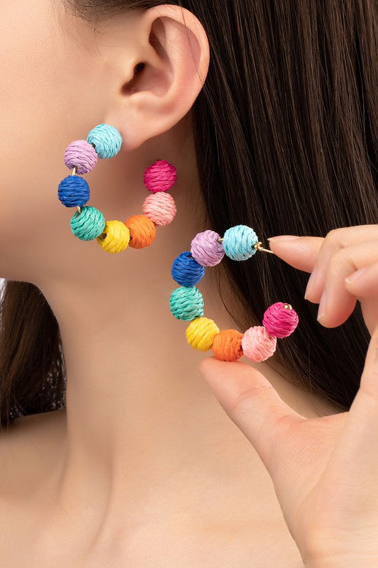 raffia straw ball hoop earrings - SELFTRITSS   