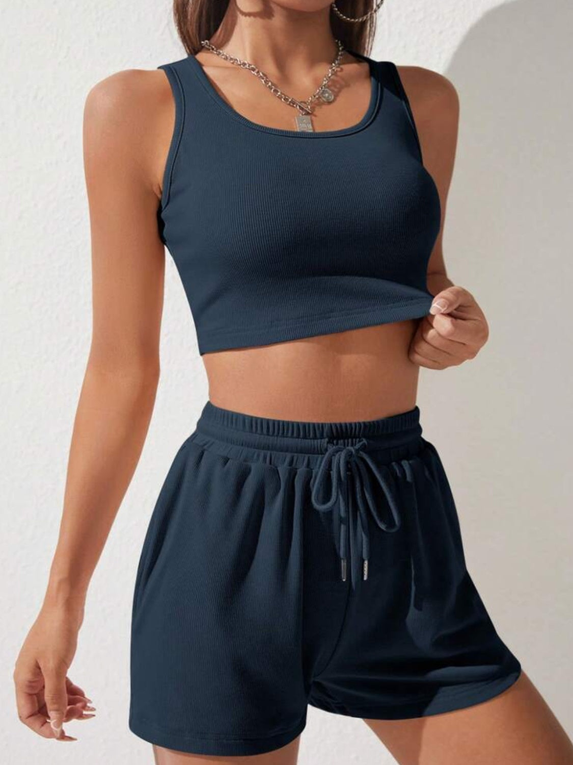 Scoop Neck Wide Strap Top and Drawstring Shorts Set - SELFTRITSS   