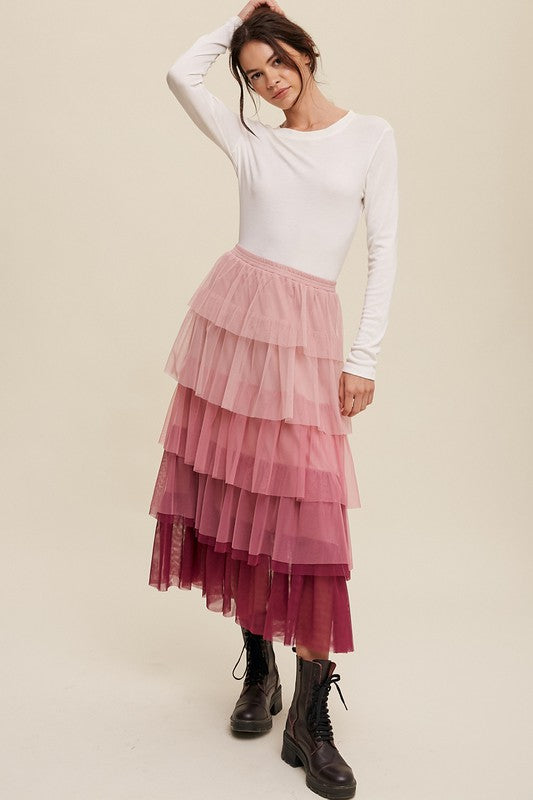 Gradient Style Tiered Mesh Maxi Skirt - SELFTRITSS