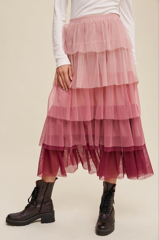 Gradient Style Tiered Mesh Maxi Skirt - SELFTRITSS
