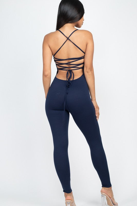 Criss-Cross Open Back Bodycon Jumpsuit - SELFTRITSS   