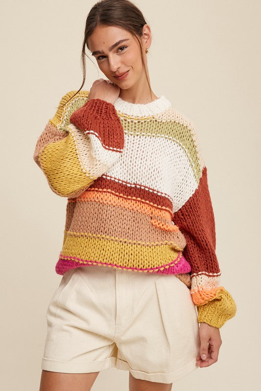 Open Mixed Knit Slouchy Hand Crochet Sweater - SELFTRITSS