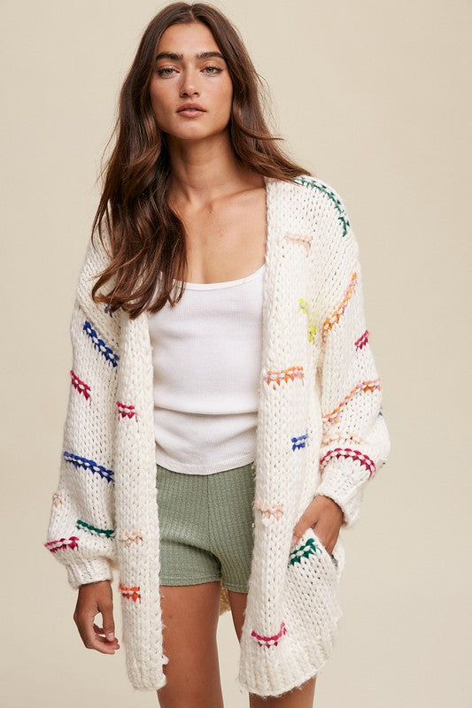 Hand Crochet Knit Stripe Design Open Cardigan - SELFTRITSS