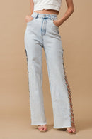 Cut Out At Side w/ Jewel Trim Stretch Denim Jeans - SELFTRITSS