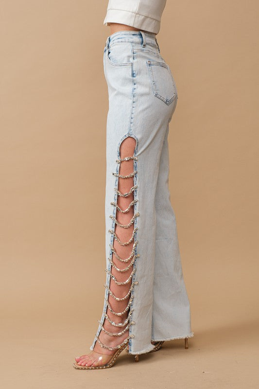 Cut Out At Side w/ Jewel Trim Stretch Denim Jeans - SELFTRITSS