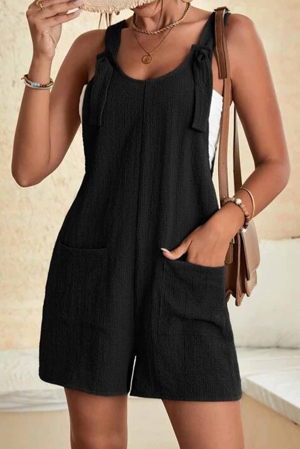 Black Adjustable Straps Pocketed Textured Romper - SELFTRITSS   