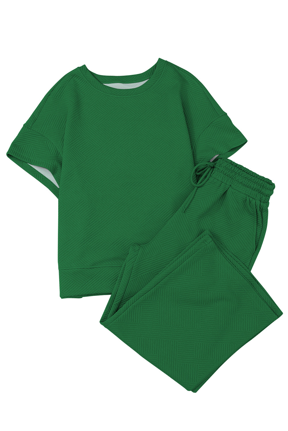 Dark Green Textured Loose Fit T Shirt and Drawstring Pants Set - SELFTRITSS